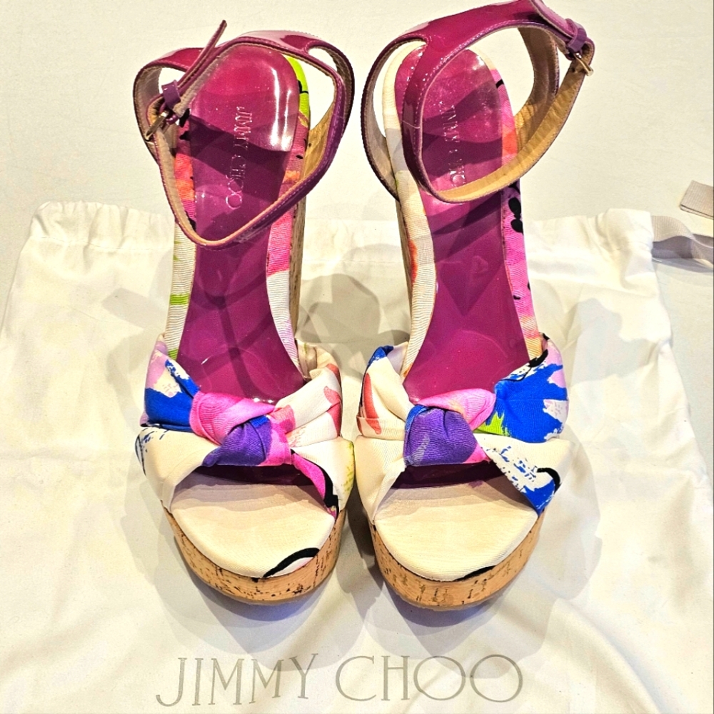 Jimmy Choo white/multicolor satin & leather cork wedge platform sandals Size 9.5